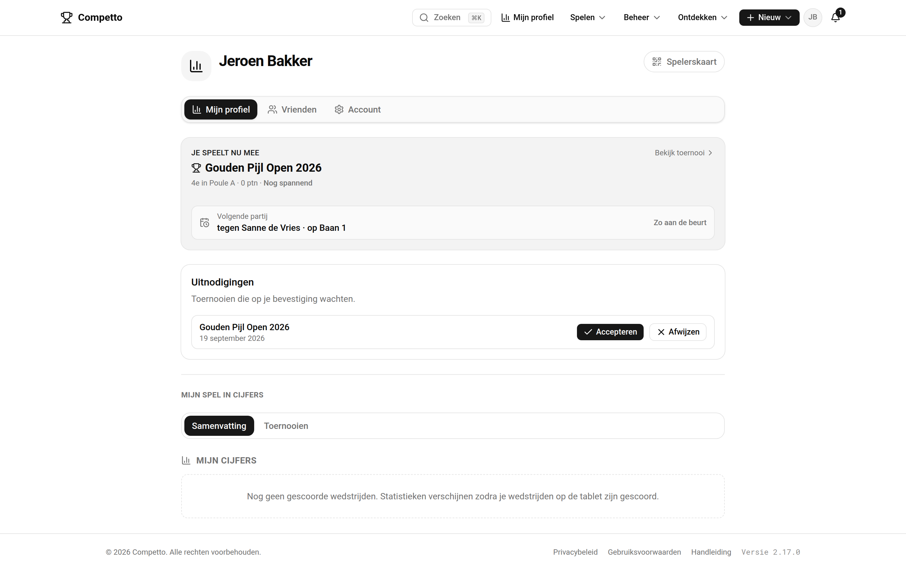 De pagina Mijn profiel met bovenaan de zone Spelen (je deelnames en volgende wedstrijd) en daaronder de tabbladen Samenvatting, Wedstrijden, Statistieken, Mijlpalen en Toernooien met je loopbaancijfers.