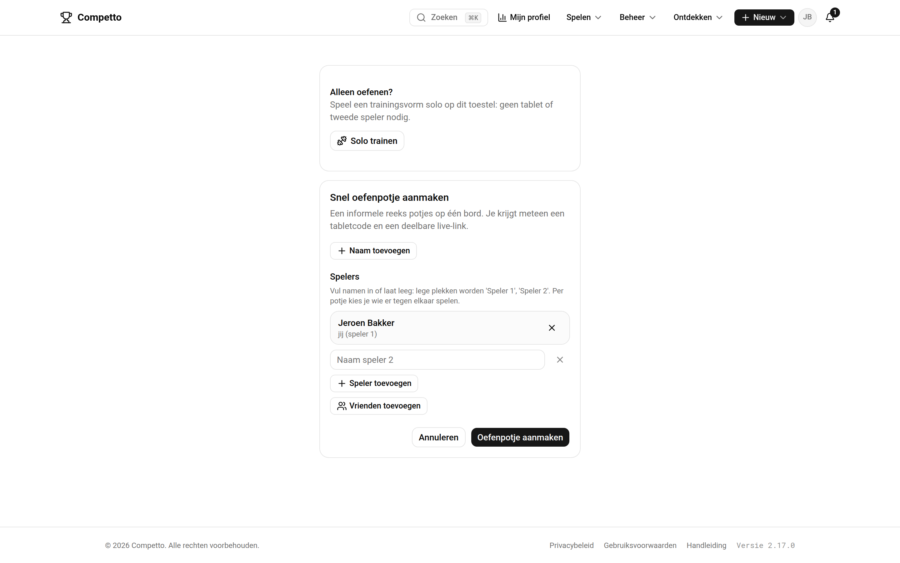 De pagina Nieuw oefenpotje met de snelkoppeling Solo trainen en het formulier om een snel oefenpotje met meer spelers aan te maken.