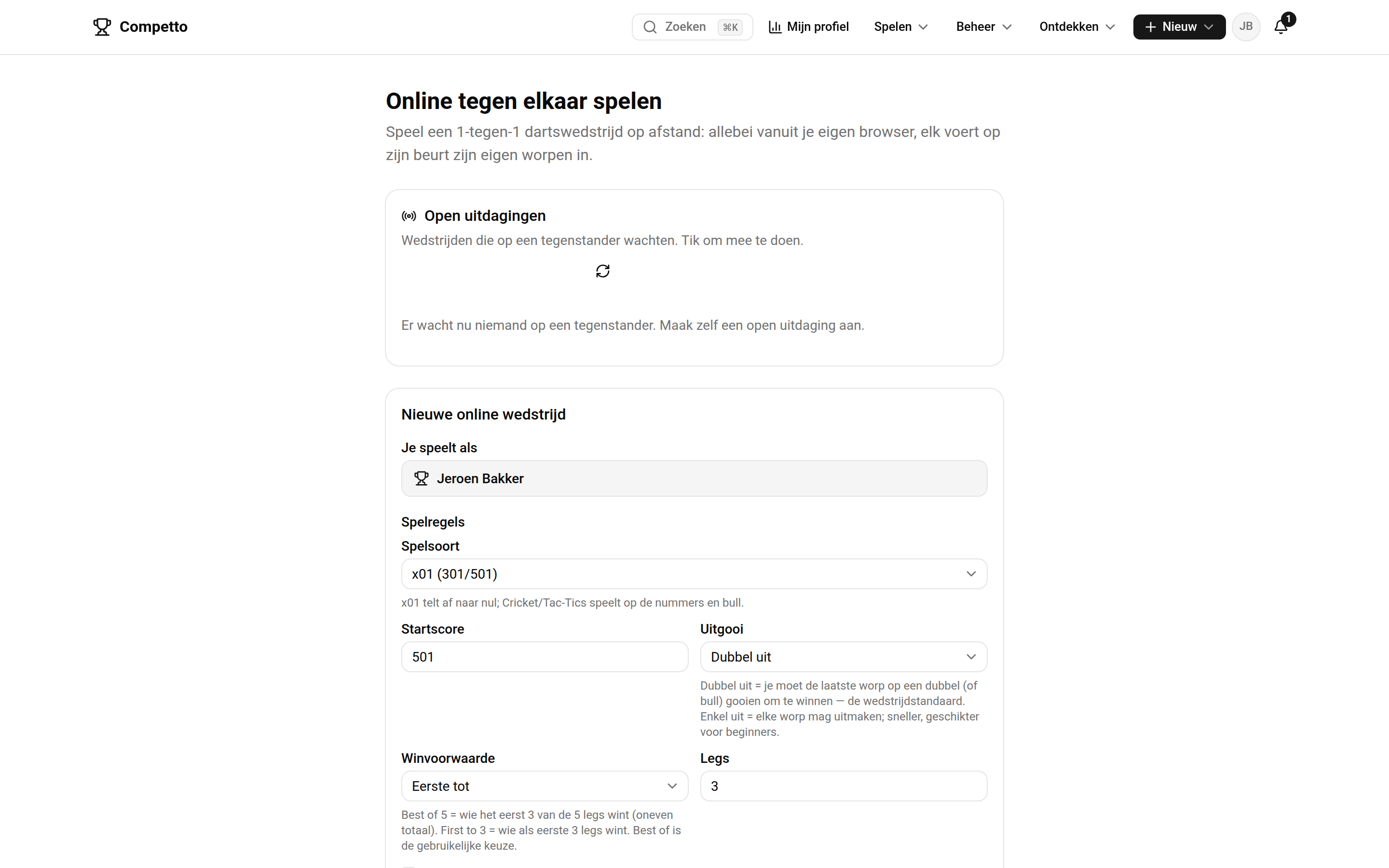 De pagina Online spelen met de opties om een nieuwe online wedstrijd aan te maken of mee te doen met een verbindingscode, en de lobby met open uitdagingen.