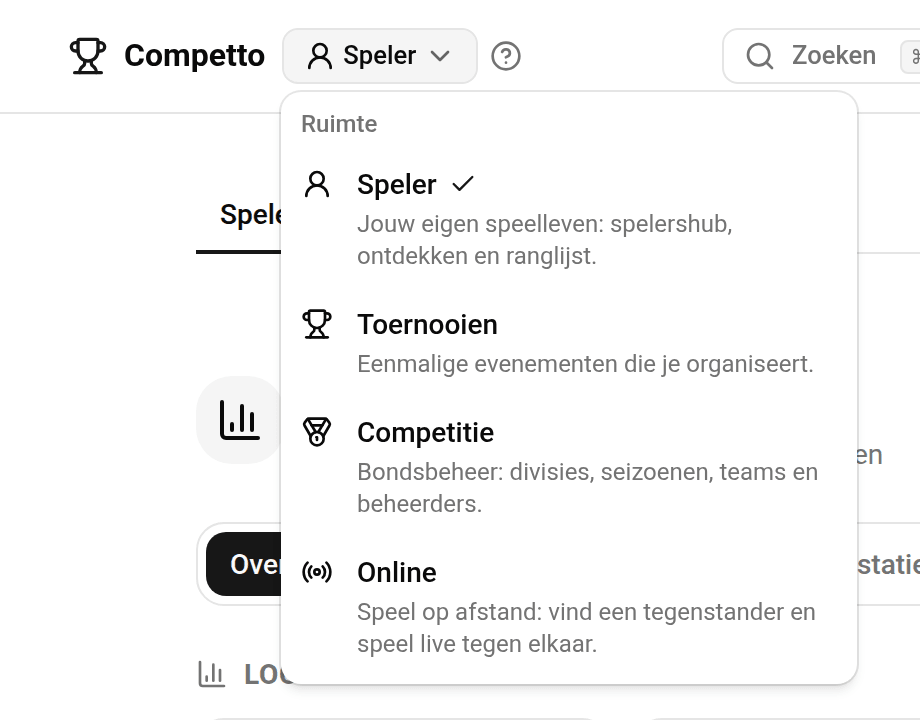De ruimte-wisselaar linksboven in de menubalk, opengeklapt met de vier ruimtes: Speler (met een vinkje als actieve ruimte), Toernooien, Competitie en Online — elk met een pictogram en een korte omschrijving.