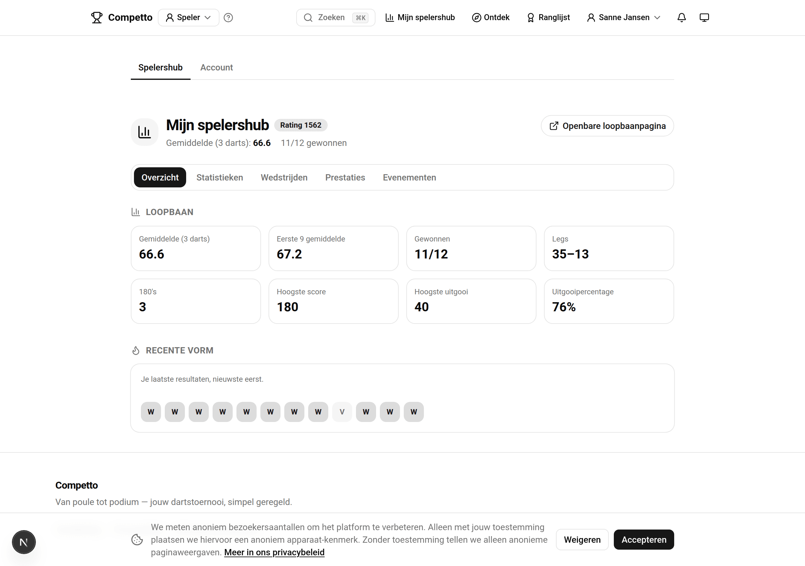 Mijn spelershub: een profielkop met naam en rating, tabbladen (Overzicht, Statistieken, Wedstrijden, Prestaties, Evenementen), loopbaancijfers als tegels (3-dart gemiddelde, eerste 9, gewonnen, legs, 180's, hoogste score, hoogste uitgooi, uitgooipercentage) en onderaan een recente-vorm-strip met W/V-blokjes.